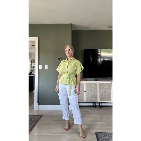 EUDON CHOI Women's Green Neon Belted Short Sleeve Collared Blouse Top Size 2 - Picture 13 of 13